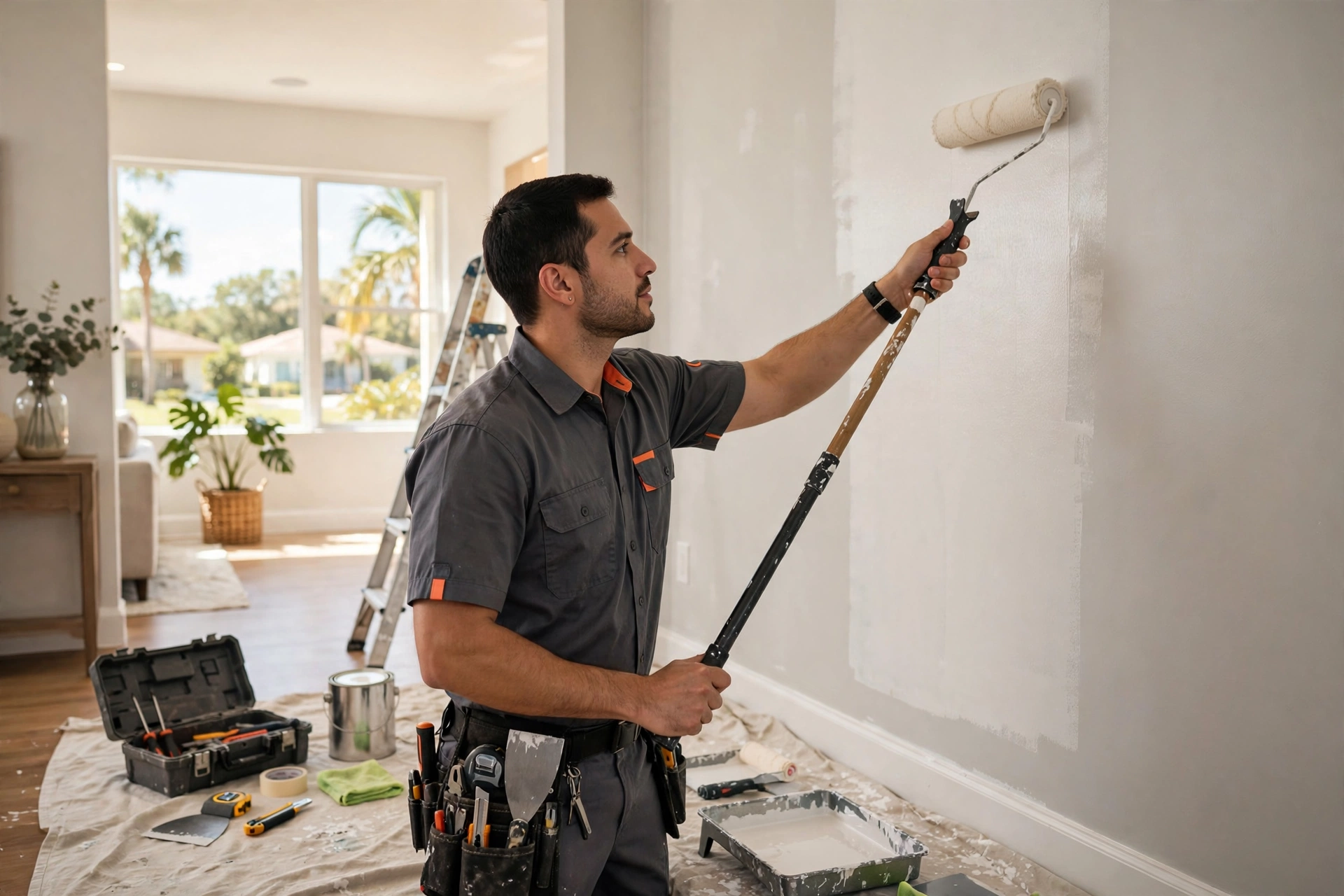 Delvekie technician painting an interior wall in an Orlando home