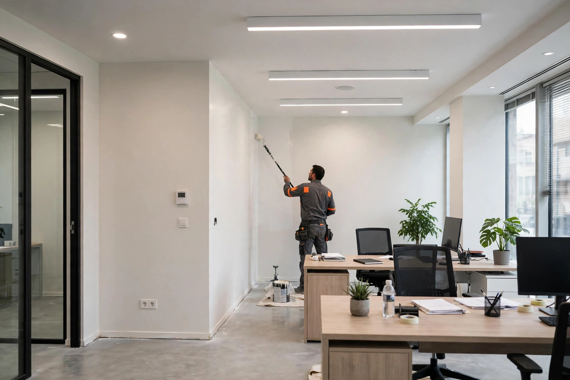 Freshly renovated office interior with a technician touching up paint