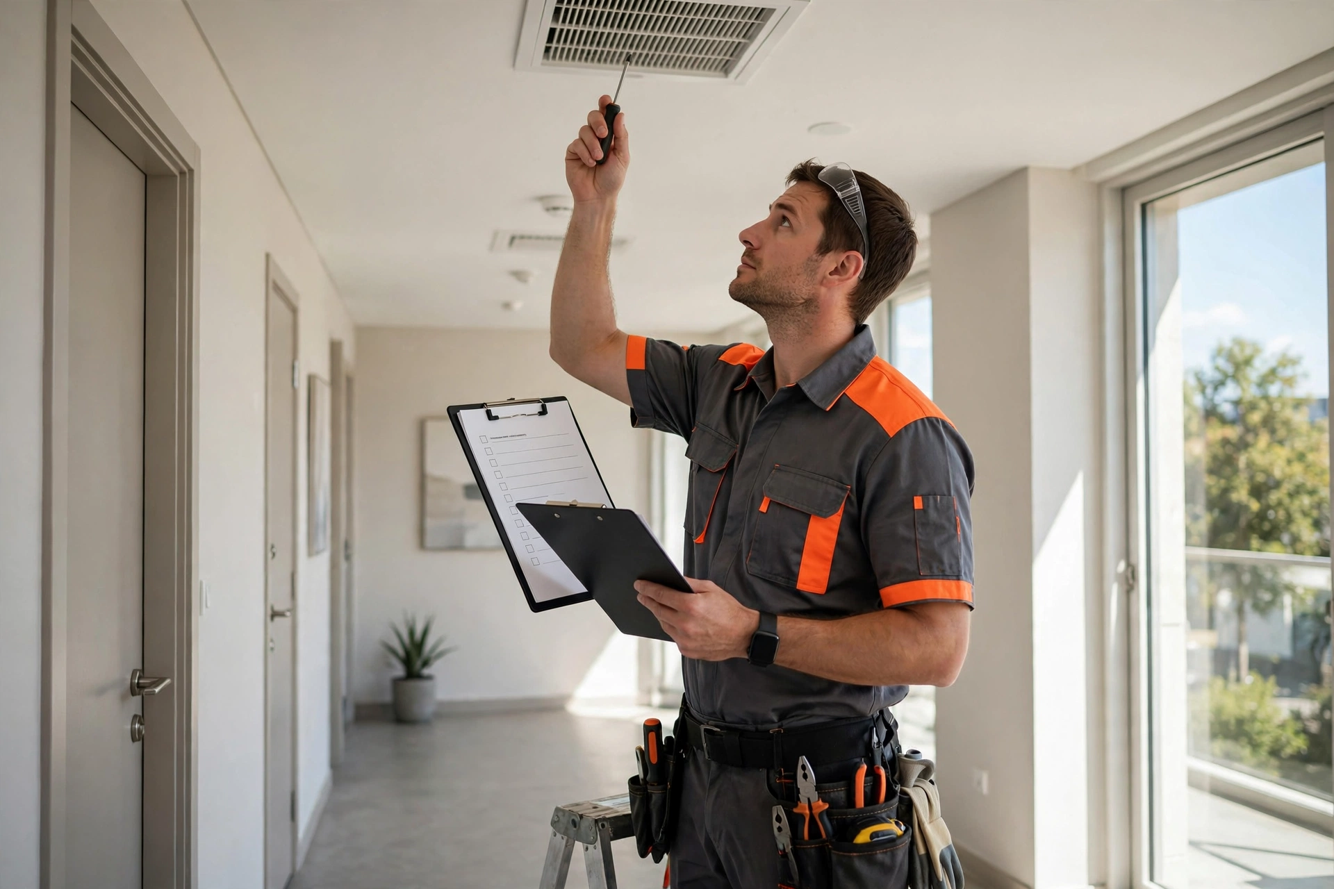 Technician performing scheduled maintenance with a checklist