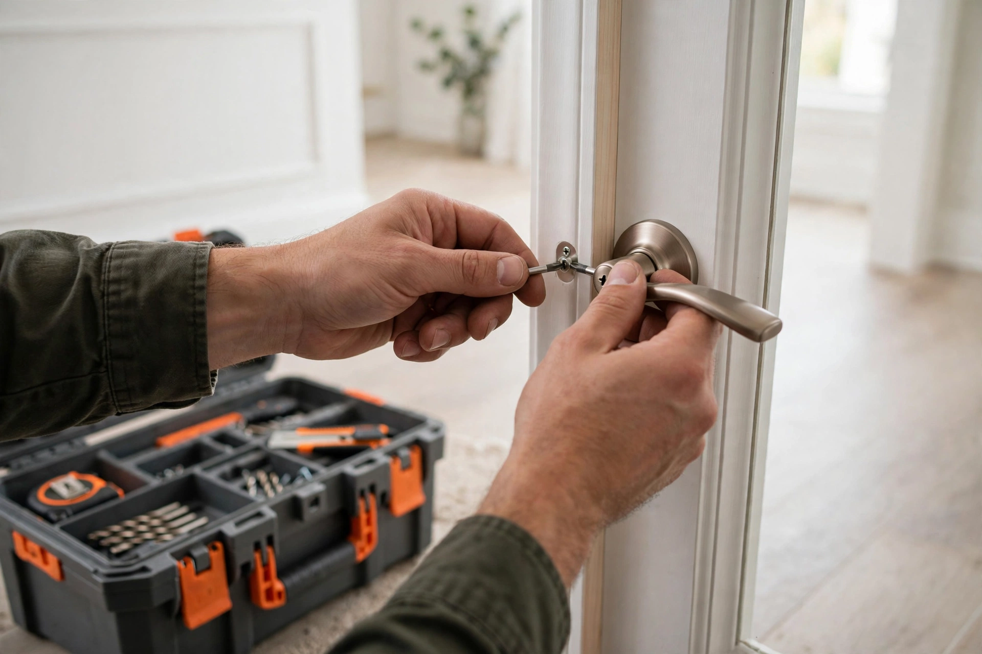 Technician installing a door handle during a residential repair